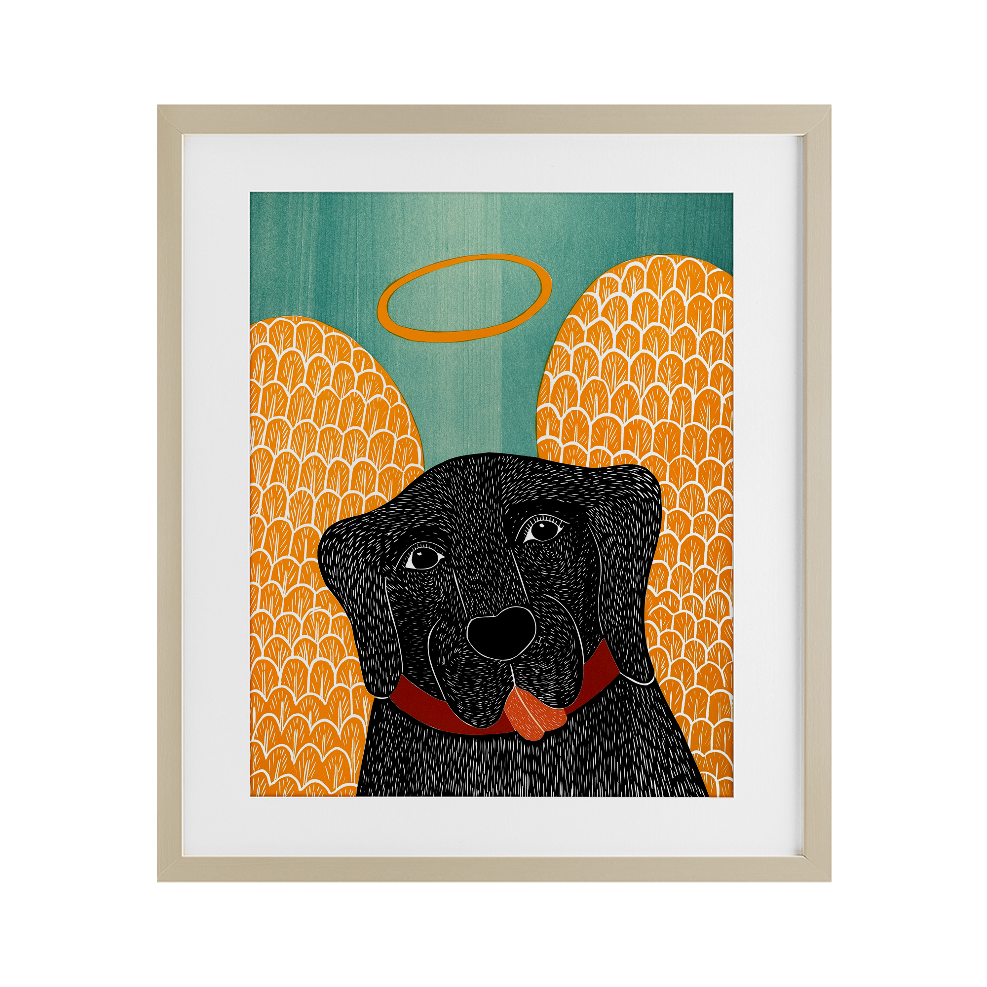 Dog Angel with Yellow Wings Birch Framed Print Under Glass, design by Stephen Huneck