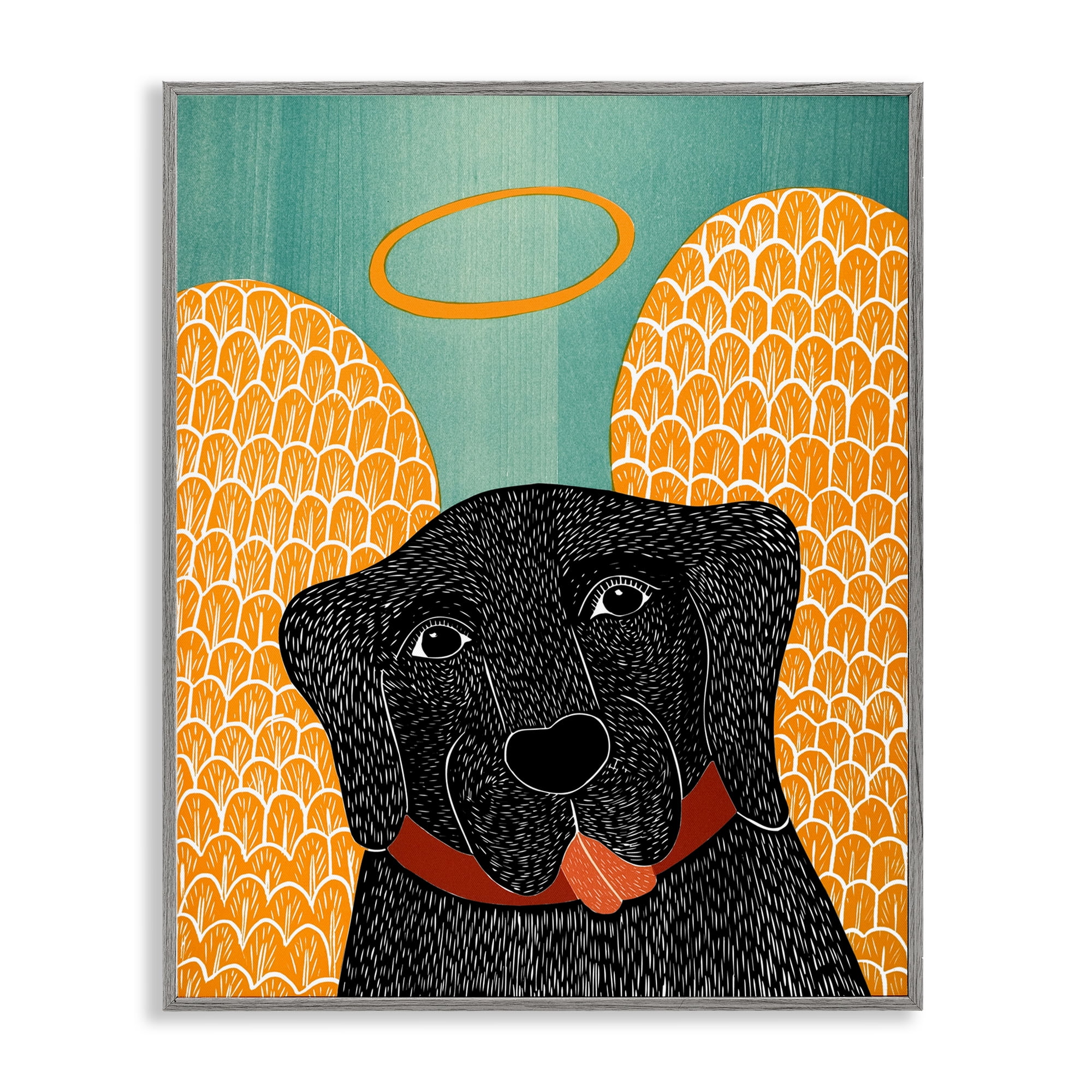 Dog Angel with Yellow Wings Gray Framed Giclee Art, design by Stephen Huneck