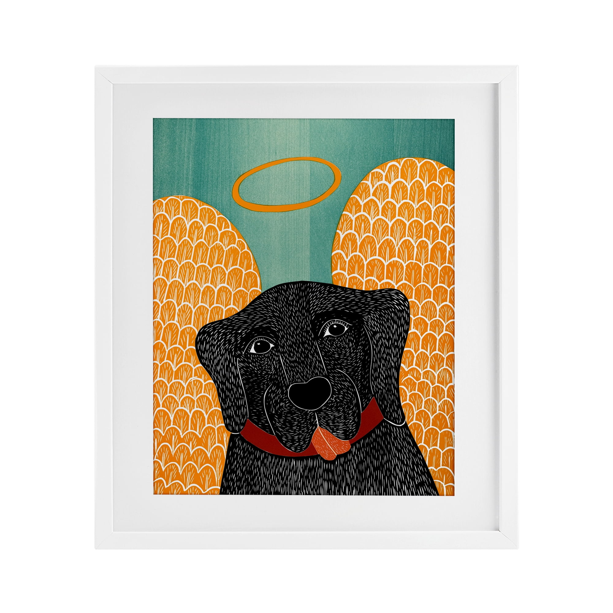 Dog Angel with Yellow Wings White Framed Print Under Glass, design by Stephen Huneck