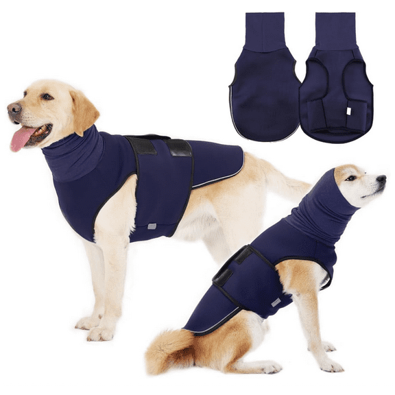 Dog Anti-Anxiety Vest with Reflective Strips, Calming Hoodie for Thunder & Fireworks Anxiety Relief for Travel, Vet Visits, Navy (L)