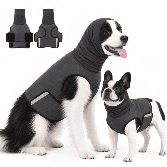Amztom Dog Anxiety Vest, Calming Jacket with Head Cover & Reflective Strips, Breathable Anxiety Relief Shirt for Thunderstorms Fireworks Travel Separation (Gray,L)