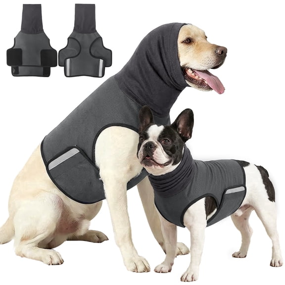 Amztom Dog Anxiety Vest, Calming Jacket with Head Cover & Reflective Strips, Breathable Anxiety Relief Shirt for Thunderstorms Fireworks Travel Separation (Gray,S)