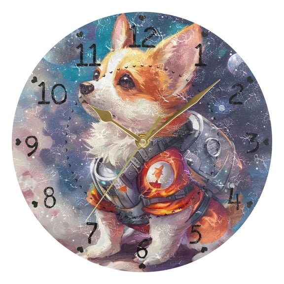 Dog Astronaut in Universe Round Wall Clock Silent Analog Battery Operated Gold Pointer Home Decor 9.84" Diameter