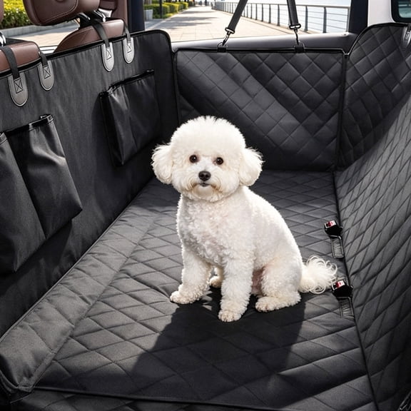 Dog Back Seat Cover with Side Flaps Storage Pockets Non-Slip Pet Car Seat Protector Liner Heavy Duty Pet Seat Pad for Sedan SUV Truck Camping Travel Waterproof Scratch Proof