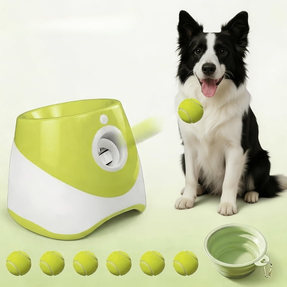 Dog Ball Launcher with 6 Mini Tennis Balls, Automatic Fetch Toy for Small Medium Dogs