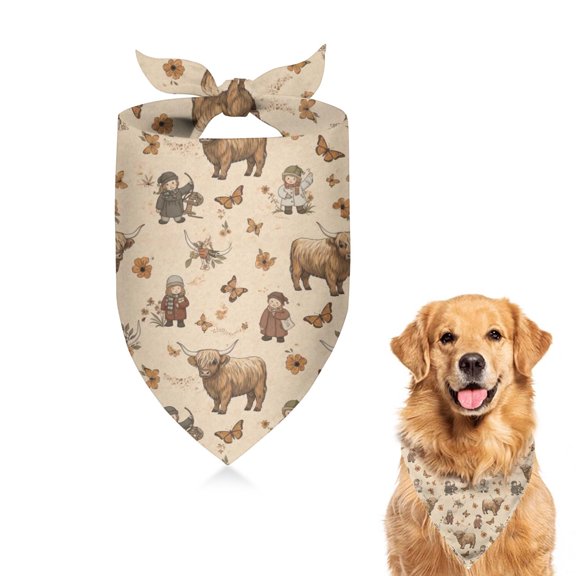 Dog Bandana 1 Pack,Beige Highland Cow Figure Butterfly Pattern Bandanas for Dogs,Cat Bandana,Small/ Large Dog Bandana 2 Size,Dog Bandanas