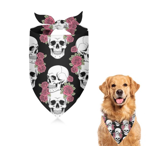 Dog Bandana 1 Pack,Black Skull Rose Pattern Bandanas for Dogs,Cat Bandana,Small/ Large Dog Bandana 2 Size,Dog Bandanas Girl Boy