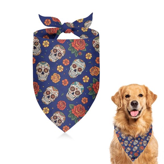 Dog Bandana 1 Pack,Blue Skull Rose Flower Pattern Bandanas for Dogs,Cat Bandana,Small/ Large Dog Bandana 2 Size,Dog Bandanas Girl Boy