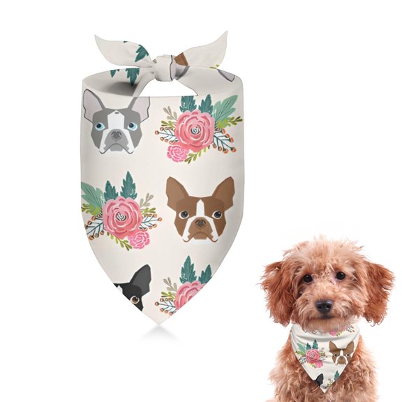 Dog Bandana 1 Pack,Boston Terrier Dog and Flower Florals Bandanas for Dogs,Cat Bandana,Small/ Large Dog Bandana 2 Size,Dog Bandanas