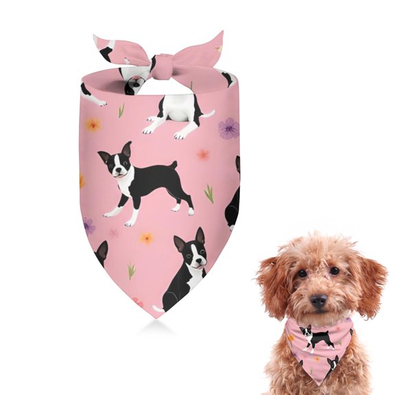 Dog Bandana 1 Pack,Boston Terrier Dogs and Flowers Bandanas for Dogs,Cat Bandana,Small/ Large Dog Bandana 2 Size,Dog Bandanas