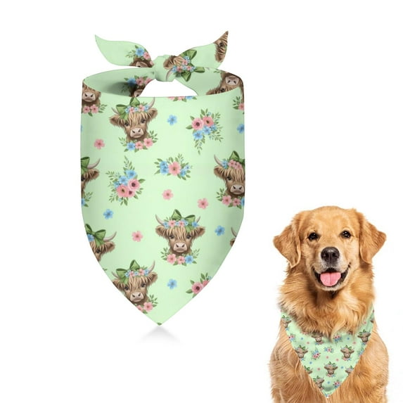 Dog Bandana 1 Pack,Green Highland Cow Flower Pattern Bandanas for Dogs,Cat Bandana,Small/ Large Dog Bandana 2 Size,Dog Bandanas