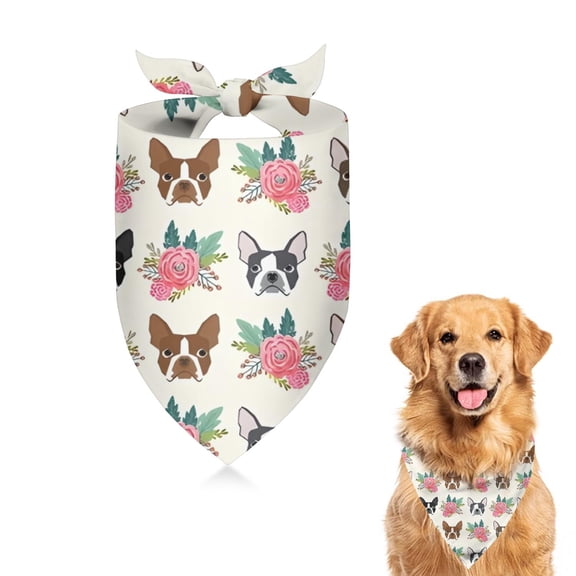 Dog Bandana 1 Pack,White Boston Terrier and Flower Bandanas for Dogs,Cat Bandana,Small/ Large Dog Bandana 2 Size,Dog Bandanas