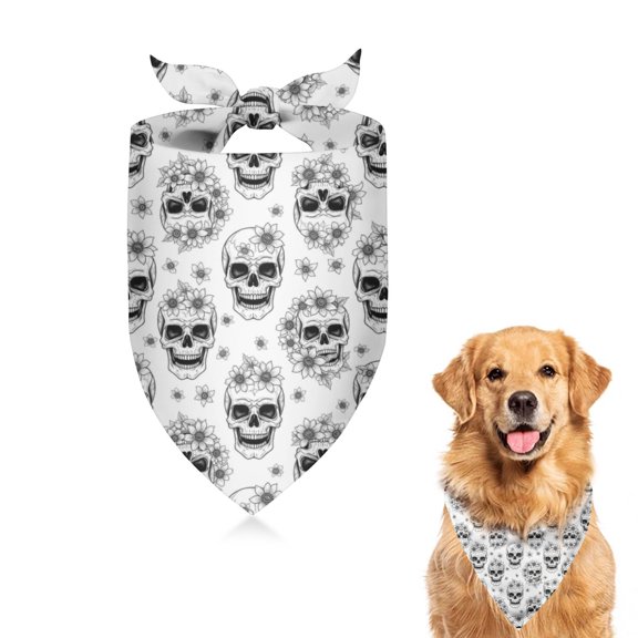 Dog Bandana 1 Pack,White Floral Skull Pattern Bandanas for Dogs,Cat Bandana,Small/ Large Dog Bandana 2 Size,Dog Bandanas Girl Boy