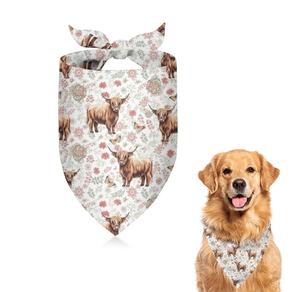 Dog Bandana 1 Pack,White Highland Cow Flower Butterfly Pattern Bandanas for Dogs,Cat Bandana,Small/ Large Dog Bandana 2 Size,Dog Bandanas