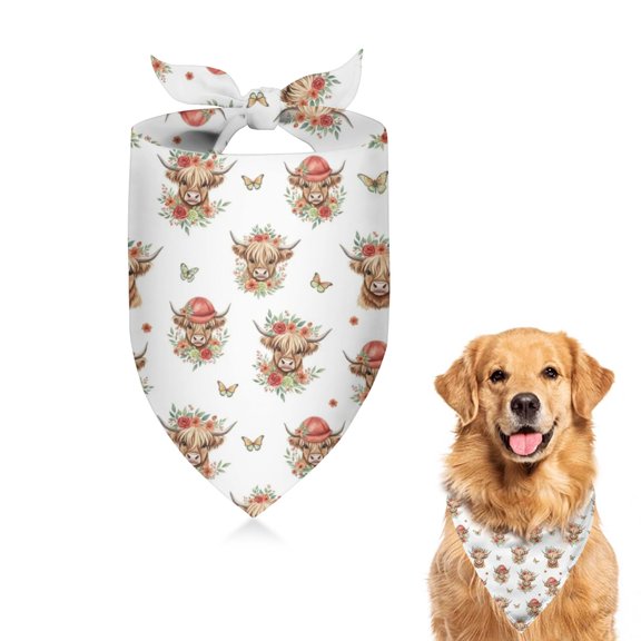 Dog Bandana 1 Pack,White Highland Cow Flower Butterfly Pattern Bandanas for Dogs,Cat Bandana,Small/ Large Dog Bandana 2 Size,Dog Bandanas