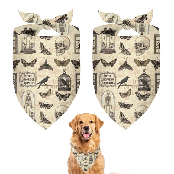 Dog Bandana 2 Pack,Beige Gothic Skull Butterfly Birdcage Pattern Bandanas for Dogs,Cat Bandana,Small/ Large Dog Bandana 2 Size,Dog Bandanas Girl Boy