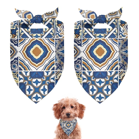 Dog Bandana 2 Pack,Blue Ethnic Geometric Patchwork Pattern Bandanas for Dogs,Cat Bandana,Small/ Large Dog Bandana 2 Size,Dog Bandanas Girl Boy