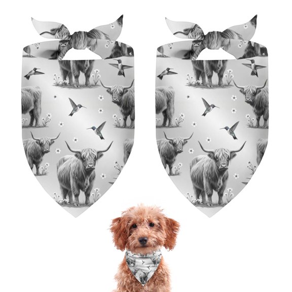 Dog Bandana 2 Pack,Gray Highland Cow Hummingbird Pattern Bandanas for Dogs,Cat Bandana,Small/ Large Dog Bandana 2 Size,Dog Bandanas