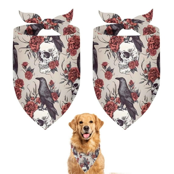 Dog Bandana 2 Pack,Halloween Skulls Ravens and Roses Bandanas for Dogs,Cat Bandana,Small/ Large Dog Bandana 2 Size,Dog Bandanas Girl Boy