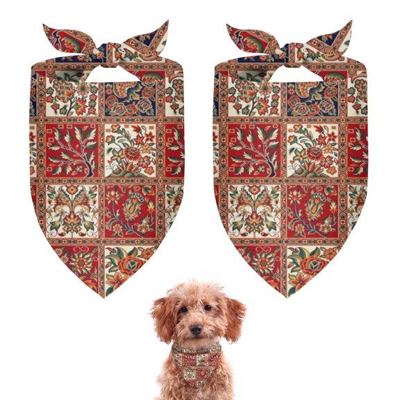 Dog Bandana 2 Pack,Red Boho Ethnic Floral Patchwork Pattern Bandanas for Dogs,Cat Bandana,Small/ Large Dog Bandana 2 Size,Dog Bandanas Girl Boy