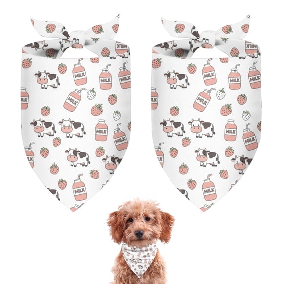 Dog Bandana 2 Pack,White Cow Milk Strawberry Pattern Bandanas for Dogs,Cat Bandana,Small/ Large Dog Bandana 2 Size,Dog Bandanas Girl Boy