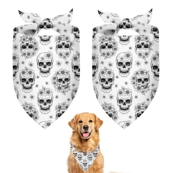 Dog Bandana 2 Pack,White Floral Skull Pattern Bandanas for Dogs,Cat Bandana,Small/ Large Dog Bandana 2 Size,Dog Bandanas Girl Boy