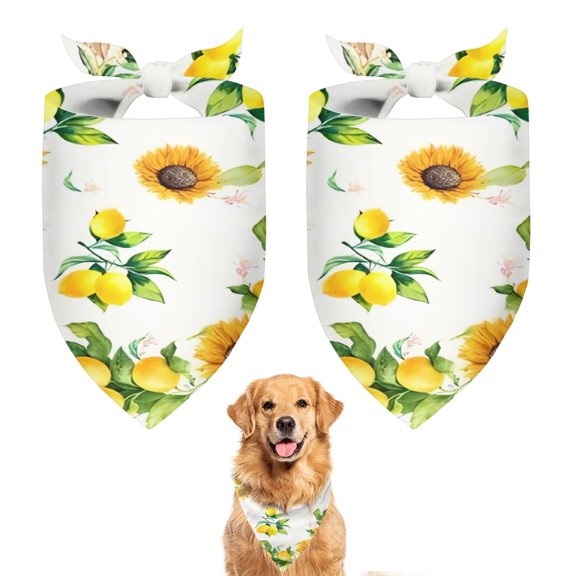 Dog Bandana 2 Pack,Yellow Lemon Fruit Sunflowers White Pattern Bandanas for Dogs,Cat Bandana,Small/ Large Dog Bandana 2 Size,Dog Bandanas