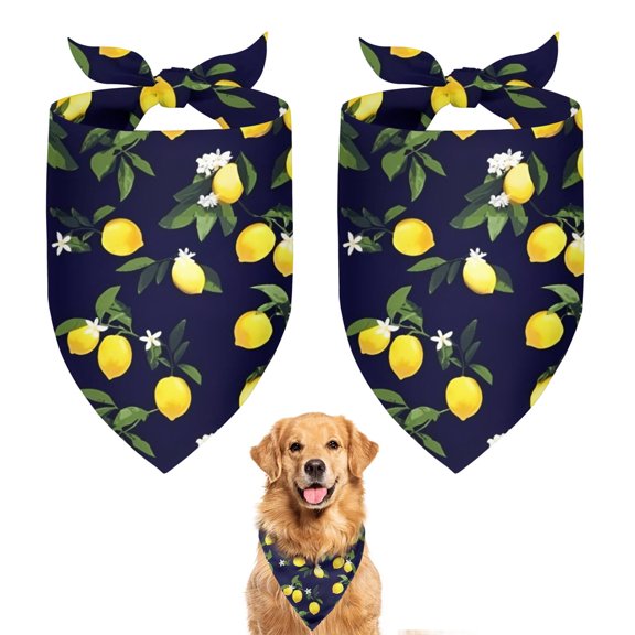 Dog Bandana 2 Pack,Yellow Lemon Fruits DarkBlue Pattern Bandanas for Dogs,Cat Bandana,Small/ Large Dog Bandana 2 Size,Dog Bandanas