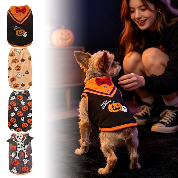 Halloween Dog Shirt, Light Tone Pet Sleeveless Tank Top, Pumpkin Ghost Bat Star Print for Puppy Kitty Daily Halloween Wear L