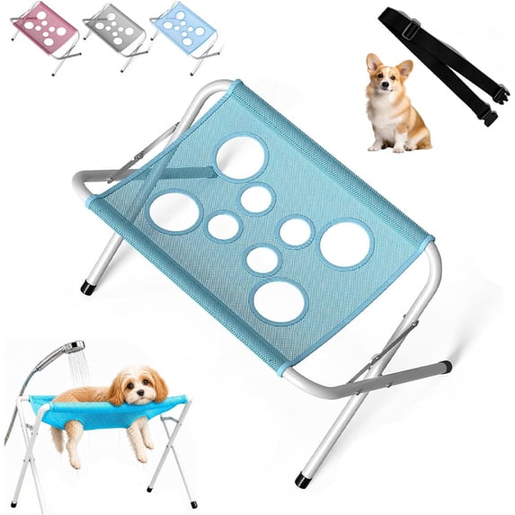 Dog Bath Hammock with Foldable Pet Bathing Stand, Pet Grooming Hammock for Small/Medium Dogs and Cats, Mesh Bath Support for Nail Trimming, Bathing, Grooming & Pet Care (Blue)