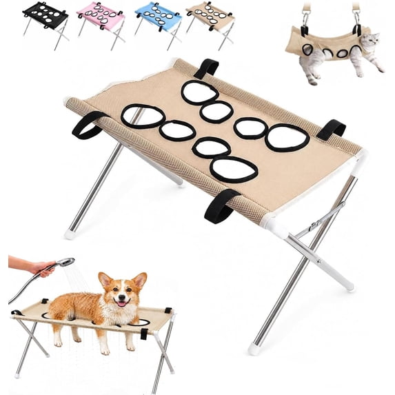 Dog Bath Hammock with Foldable Pet Bathing Stand, Pet Grooming Hammock for Small/Medium Dogs and Cats, Mesh Bath Support for Nail Trimming, Bathing, Grooming & Pet Care (Coffee-b)