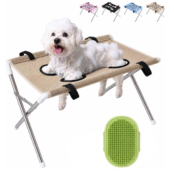 Dog Bath Hammock with Stand, Pet Shower Holder, Portable Detachable Dog Shower Chair with Holes for Legs, Dog Grooming Hammock for Small Dogs Bathing, Grooming + Free Pet Bathing Brush( Khaki)