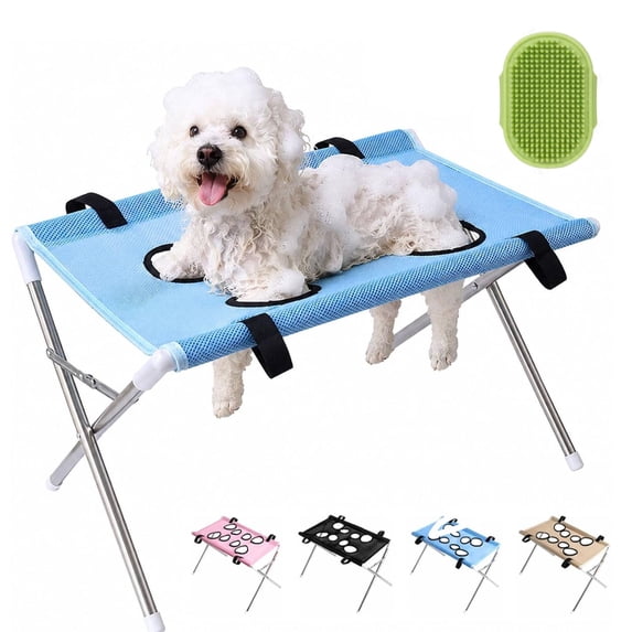 Dog Bath Hammock with Stand, Pet Shower Holder, Portable Detachable Dog Shower Chair with Holes for Legs, Dog Grooming Hammock for Small Dogs Bathing, Grooming + Free Pet Bathing Brush(Blue)