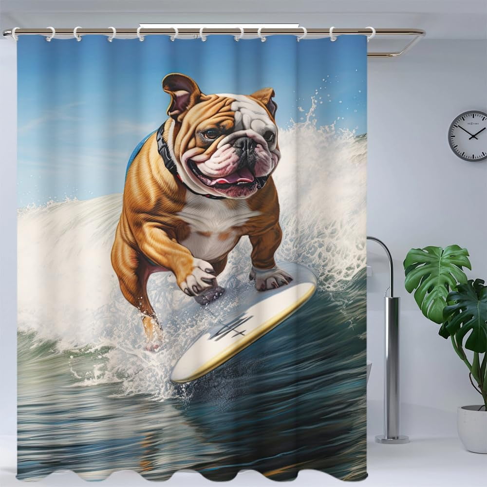 Dog Bath Shower Curtain,Washable Cloth Cute Dogs Kids Blue Brown Shower