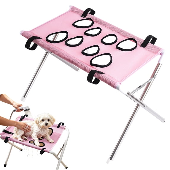 Dog Bathing Station, Pet Grooming Hammock, Foldable Metal Structure with Quick Surface and Strap, Suitable for pet Washing Maintenance Travel Grooming, Pink