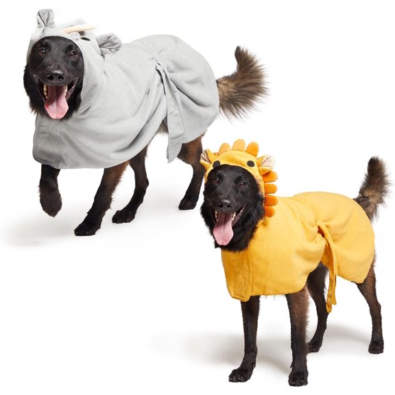 Dog Bathrobe Bundle, Fast Drying with Hook and Loop Closure & Wrap Tie Snuggle, Cute Dogs Clothes, Easy to Clean, Machine Washable, Dog Coats and Tumble Dry Low - Lion/Rhino, Large
