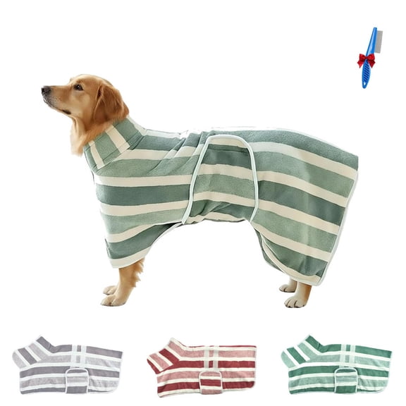 Dog Bathrobe Drying Towel, Pet Quick Dry Striped Towel Robe with Adjustable Strap, Super Absorbent Microfiber Drying Coat, Warm Keeping Dogs Cats Bath Supplies for Puppy Medium & Large
