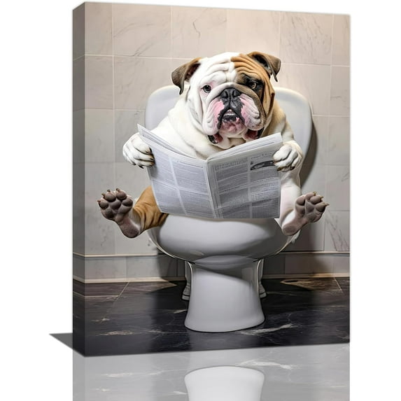 Dog Bathroom Wall Art Funny Bathroom Wall Decor Bulldog Toilet Canvas Print Painting Home Bathroom Decoration Artwork Unframed