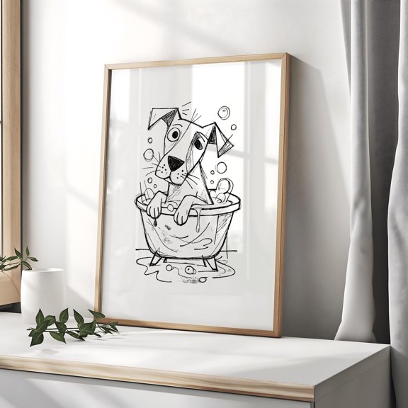 Dog Bathroom Wall Art Print Black & White Dog Sketch in Bathtub Funny Dog Bathroom Decor Modern Minimalist Dog Lover Gift