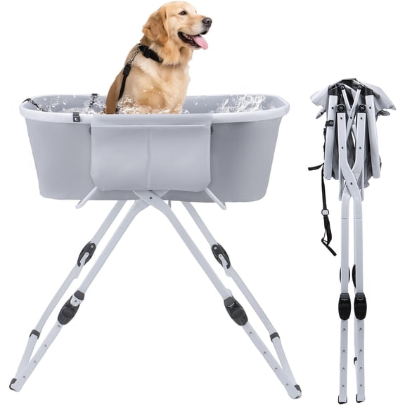 Dog Bathtub, Collapsible Dog Bath Tub with Ergonomic Design, Portable Elevated Station for Bathing & Grooming, Suitable for Cats & Small to Medium Dogs, Indoor & Outdoor, Gray