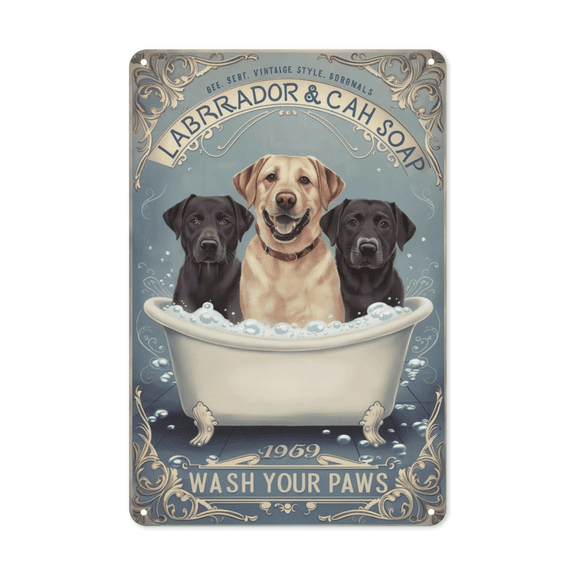 Dog Bathtub Soap Labrador metal sign Retro Bathroom Decor Pet Spa Art Perfect Hanging Kennel Grooming Area With Foam Theme Weatherproof Coating Dog Breeder Gift Owner Friend 8x12 inch metal sign