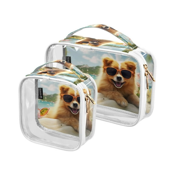Dog Beach Flowers Coconut Trees Clear Cosmetic Bags with Handles PVC Toiletry Bags Zipper Waterproof Portable for Traveling 2 Pcs