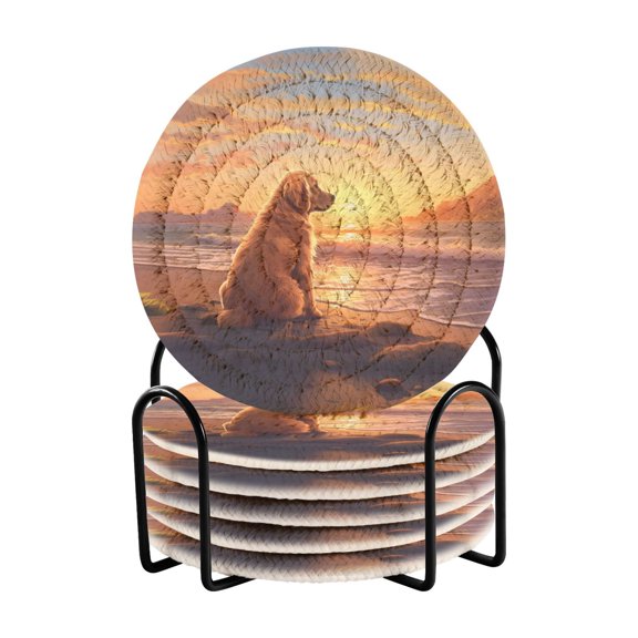 Dog Beach Sea Wave Sunlight Sky 6 Pcs Drink Coasters with Holder Absorbent Coasters Woven Coasters for Drinks Table Desk Protection Home Decor