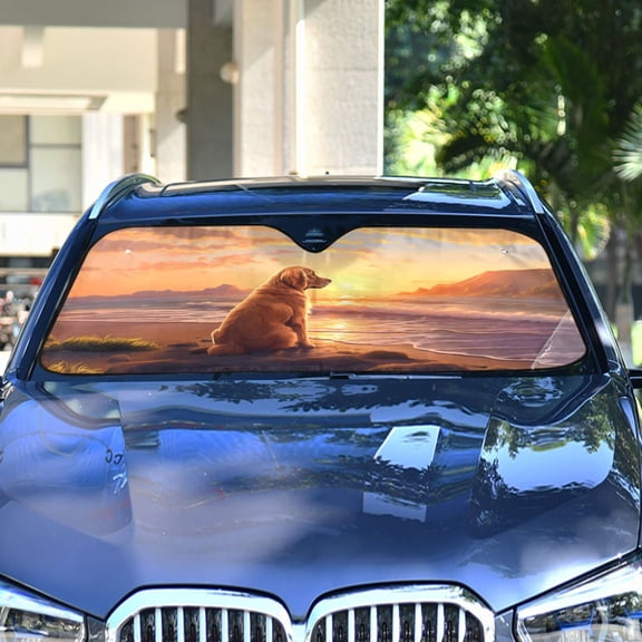 Dog Beach Sea Wave Sunlight Sky Automotive Front Car Windshield Sun Shade Reflector Foldable for Front Fit for Cars Truck SUVs