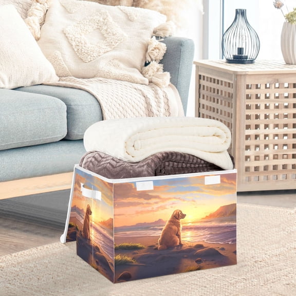 Dog Beach Sea Wave Sunlight Sky Storage Basket Foldable Laundry Basket Shelf Kids Toy Storage Container Organizer with Handles