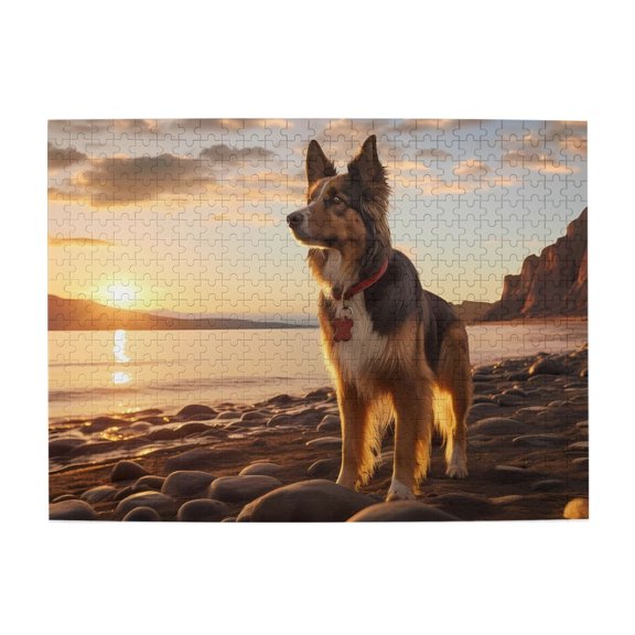 Dog Beach Sunset Lake Rocks 500-Piece Wooden Jigsaw Puzzle for Adults, Fun & Challenging Family Brain-Teaser, Perfect Home Decor & Gift
