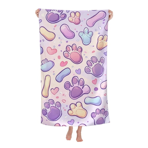 Dog Beach Towel 32 X 52 Inch, Microfiber Pastel Purple Paw Heart Design, Quick Dry Sand Resistant For Yoga Hot Spring Spa
