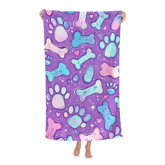 Dog Beach Towel 32 X 52 Inch, Microfiber Purple Bones And Paws Design, Quick Dry Sand Resistant For Travel Essentials
