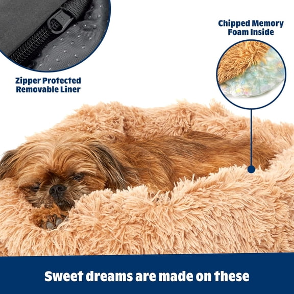 Dog Bed, 2-in-1 Memory Foam Donut Cuddler Dog and Cat Bed, Calming Orthopedic Joint Relief Fur Crate Lounger for Pets, Machine Washable + Removable Cover, Waterproof Lining, Includes Toy