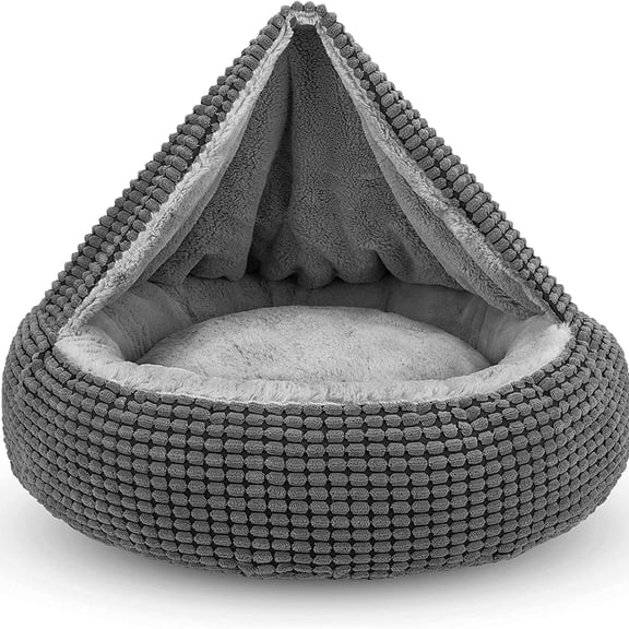 Dog Bed with Attached Blanket for Small Dogs or Cats, Soft P Cozy Donut Cuddler Hooded Pet Beds Washable. Round Puppy Bed Orthopedic, Calming Cat Cave Bed. Anti-Slip Bottom 26inch